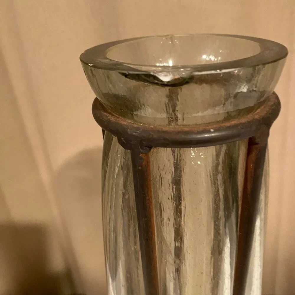 Rare Vintage Blown Glass Vase in Wrought Iron‎ Frame 17” Mid-Century Brutalist